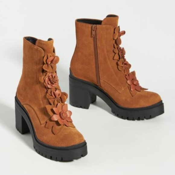 Anthropologie, Bruno Premi Tan Suede Floral Lug Sole Boots, Size 41 / 9.5-10 - Picture 2 of 10
